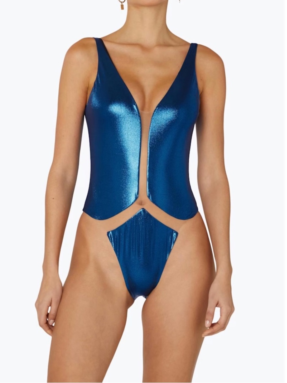 Shimmer Plunge One-Piece Swimsuit in Metallic Blue